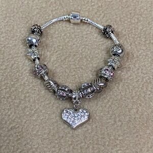 Sparkling Heart Charm Bracelet Silver‎ Tone Crystal Beads Love Jewelry 6.5in New
